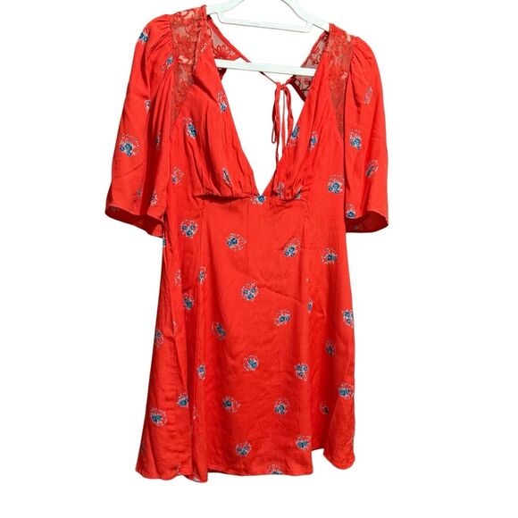 🌺NEW Free People Mockingbird Coral Red Floral Print Backless Mini Dress Sz 6 - Picture 2 of 14